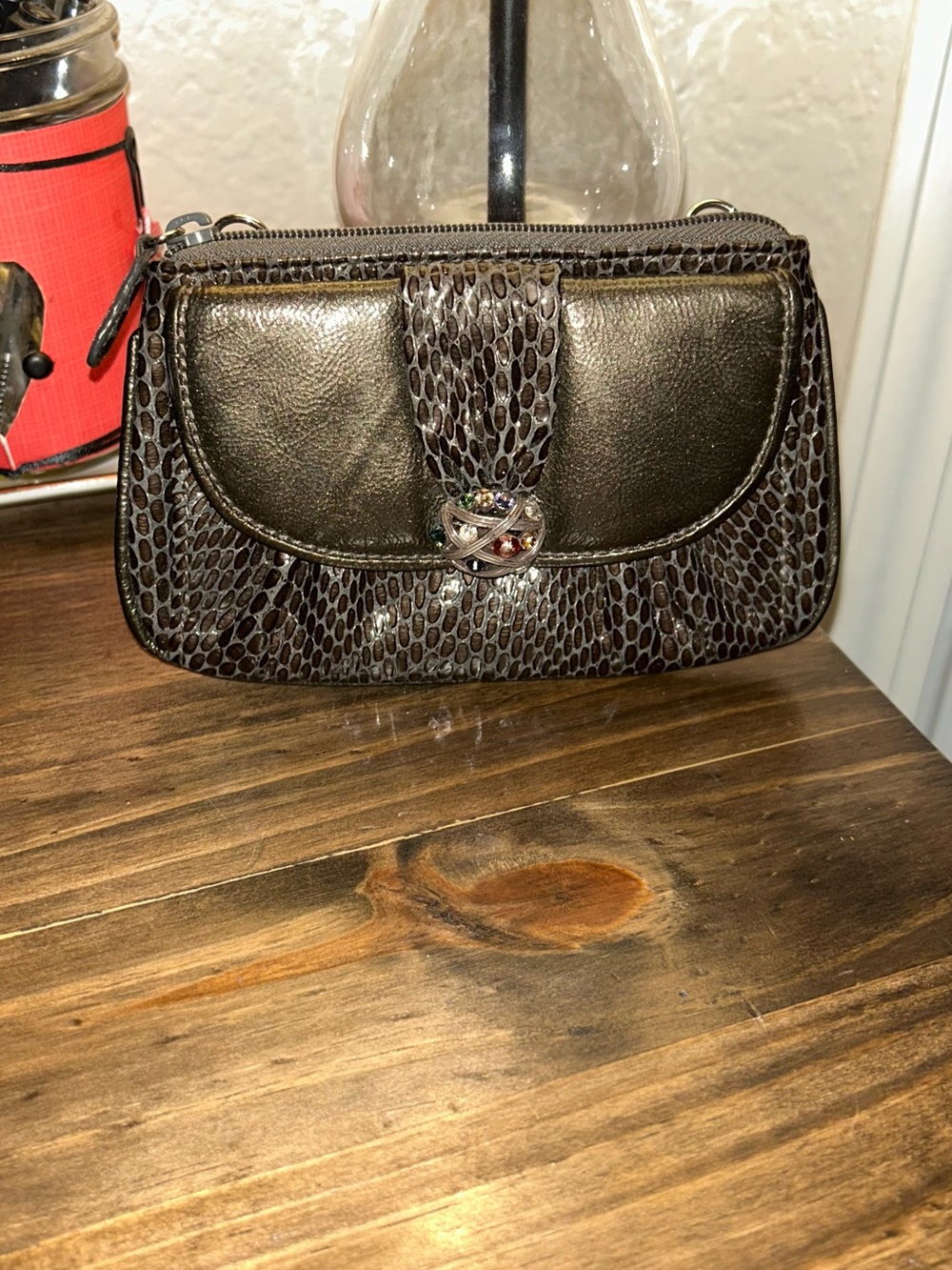 Brighton Dark Brown Textured Leather Wristlet with Jeweled Clasp